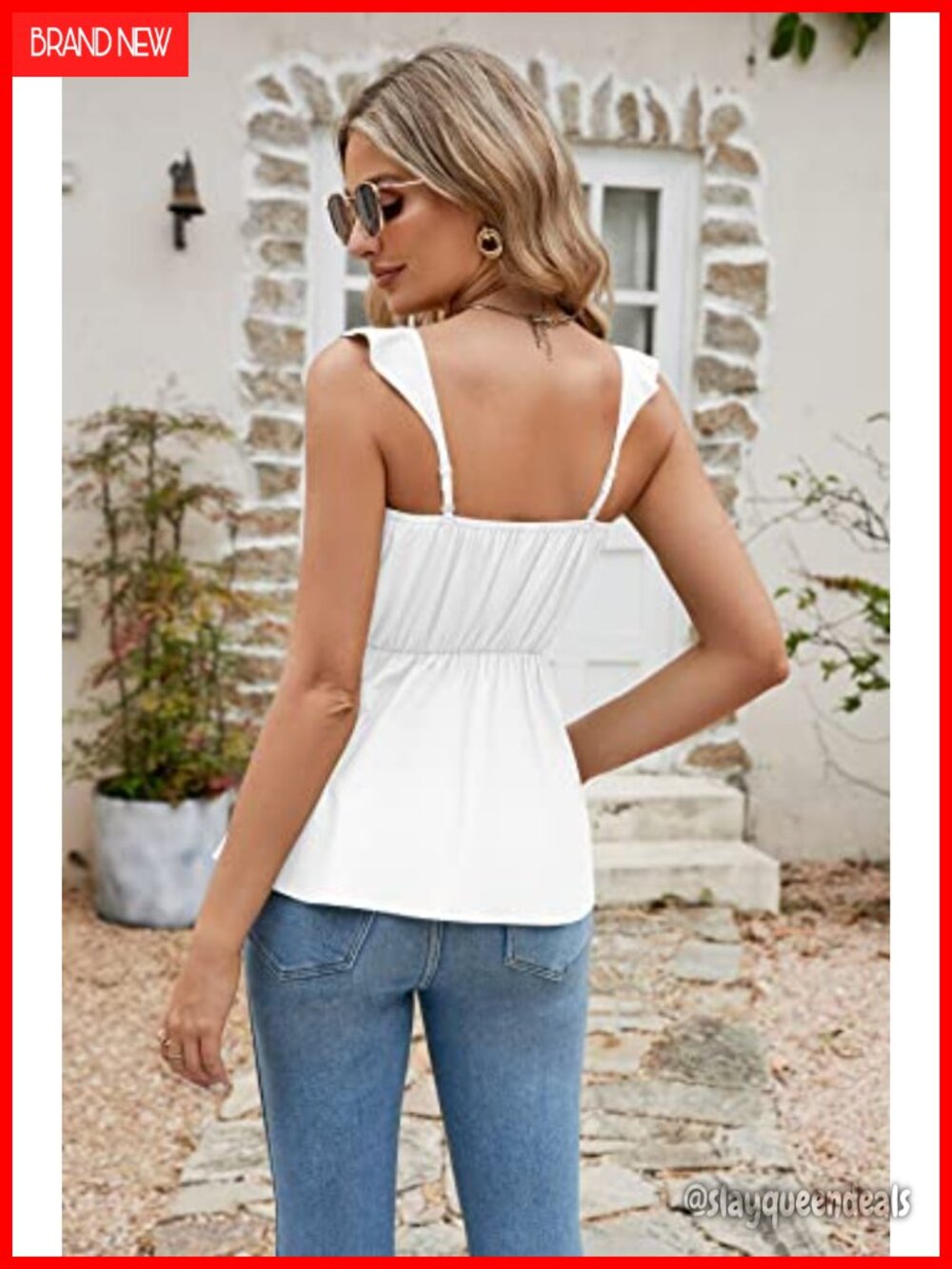 Smocked Peplum Babydoll Tank Top with Adjustable Ruffle Straps - Picture 6 of 7